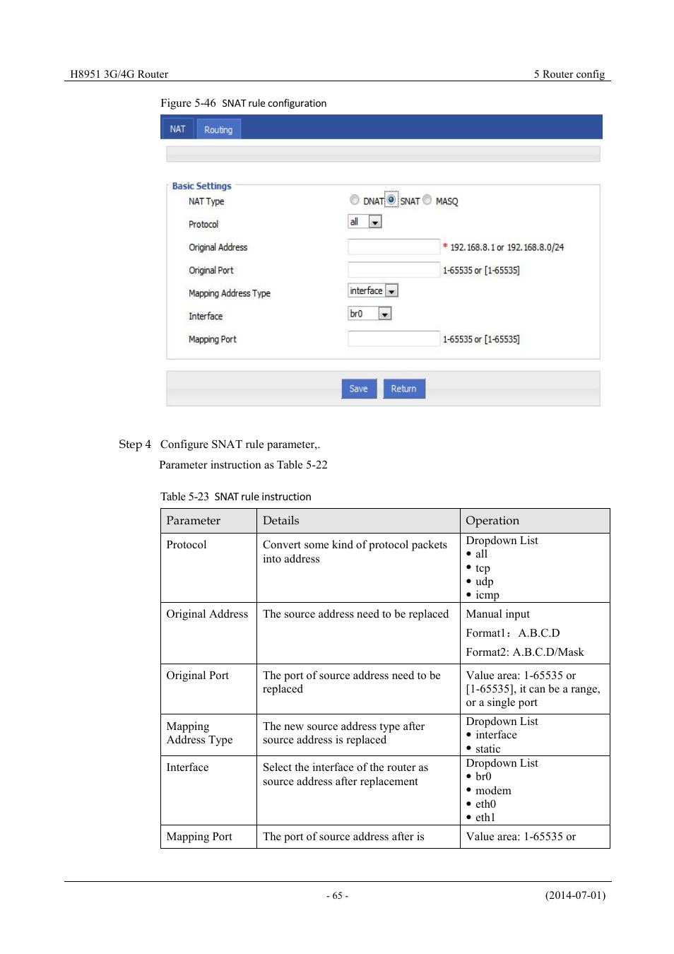 Table 5-22 snat rule instruction, Figure 5-47 snat rule configuration | Hongdian H8951 3G/4G Wi-Fi router User Manual | Page 81 / 139