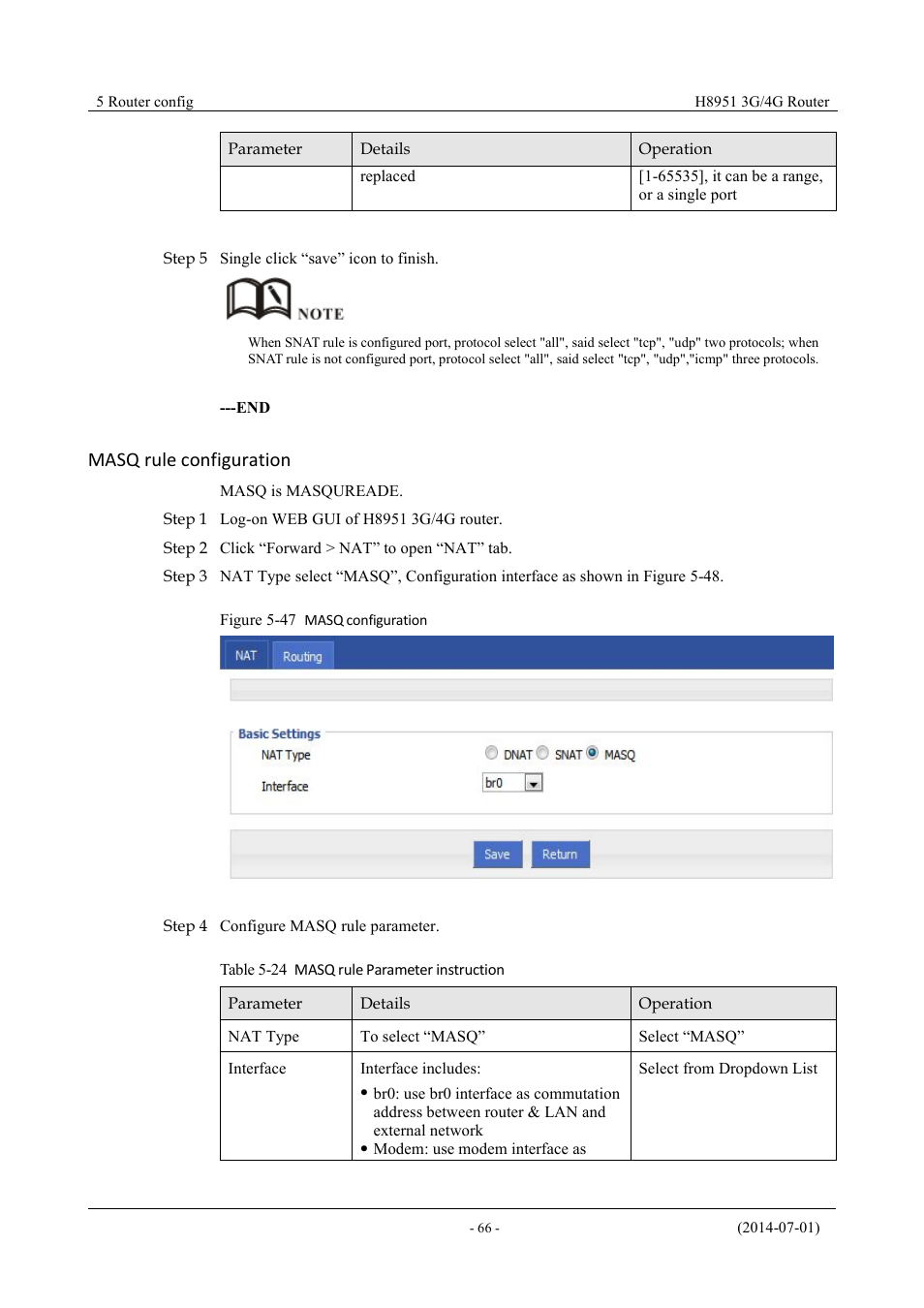 Table 5-23 masq rule parameter instruction, Figure 5-48 masq configuration, Masq rule configuration | Hongdian H8951 3G/4G Wi-Fi router User Manual | Page 82 / 139