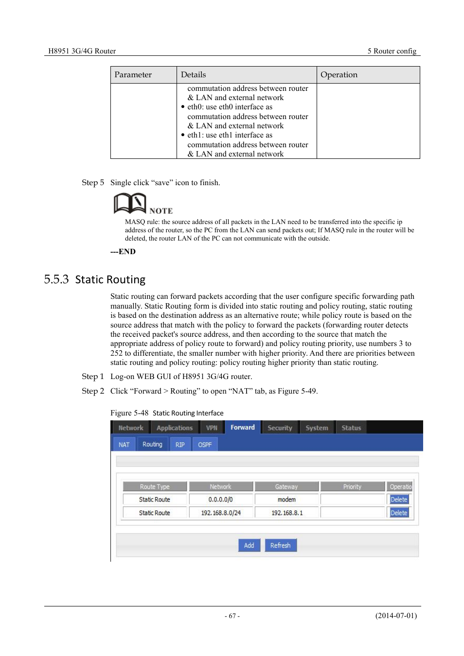 Staticrouting, 3 static routing, Figure 5-49 static routing interface | Hongdian H8951 3G/4G Wi-Fi router User Manual | Page 83 / 139