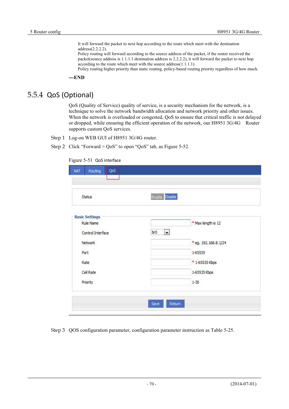 Qos(optional), 4 qos (optional), Figure 5-52 qos interface | Hongdian H8951 3G/4G Wi-Fi router User Manual | Page 86 / 139