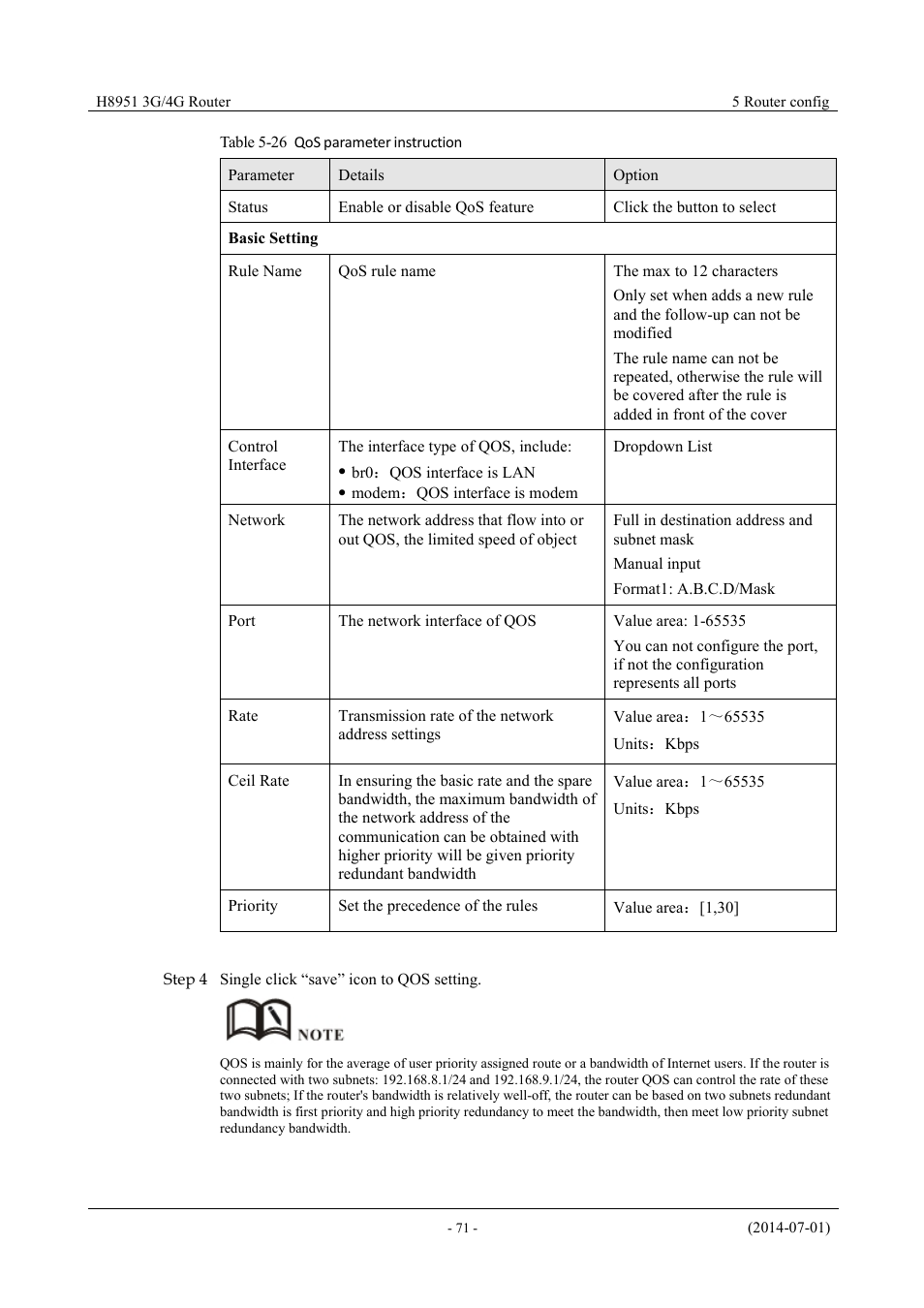 Table 5-25 qos parameter instruction | Hongdian H8951 3G/4G Wi-Fi router User Manual | Page 87 / 139