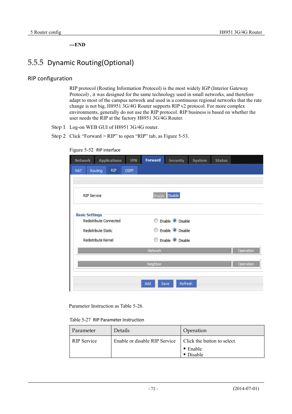Dynamicrouting(optional), 5 dynamic routing (optional), Table 5-26 rip parameter instruction | Figure 5-53 rip interface, 5 dynamic routing(optional), Rip configuration | Hongdian H8951 3G/4G Wi-Fi router User Manual | Page 88 / 139