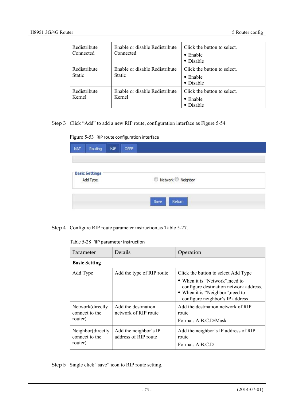 Table 5-27 rip parameter instruction, Figure 5-54 rip route configuration interface | Hongdian H8951 3G/4G Wi-Fi router User Manual | Page 89 / 139
