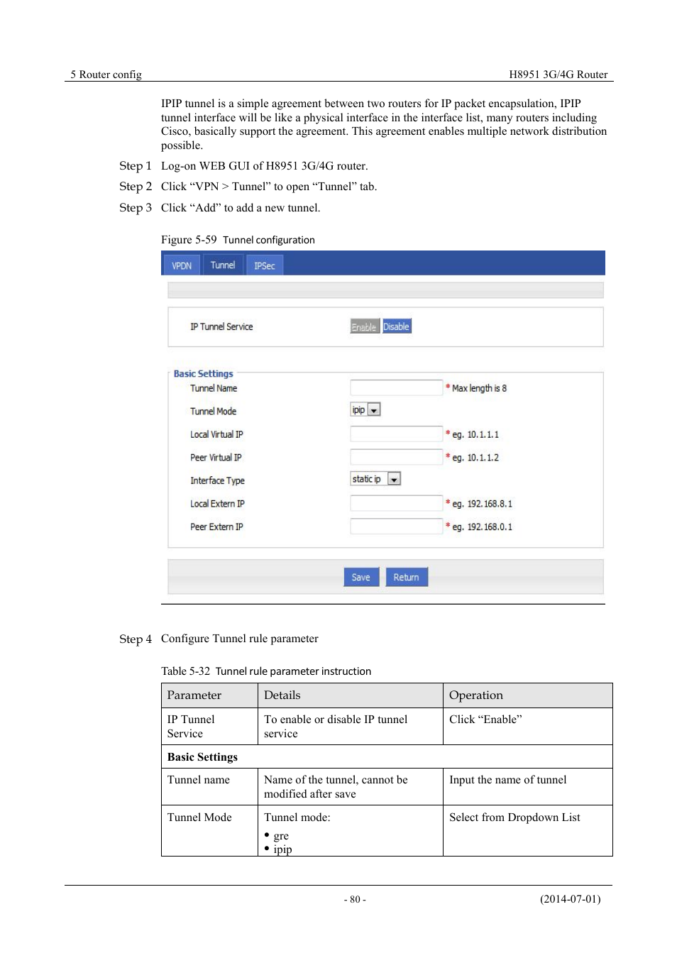 Table 5-31 tunnel rule parameter instruction, Figure 5-60 tunnel configuration | Hongdian H8951 3G/4G Wi-Fi router User Manual | Page 96 / 139