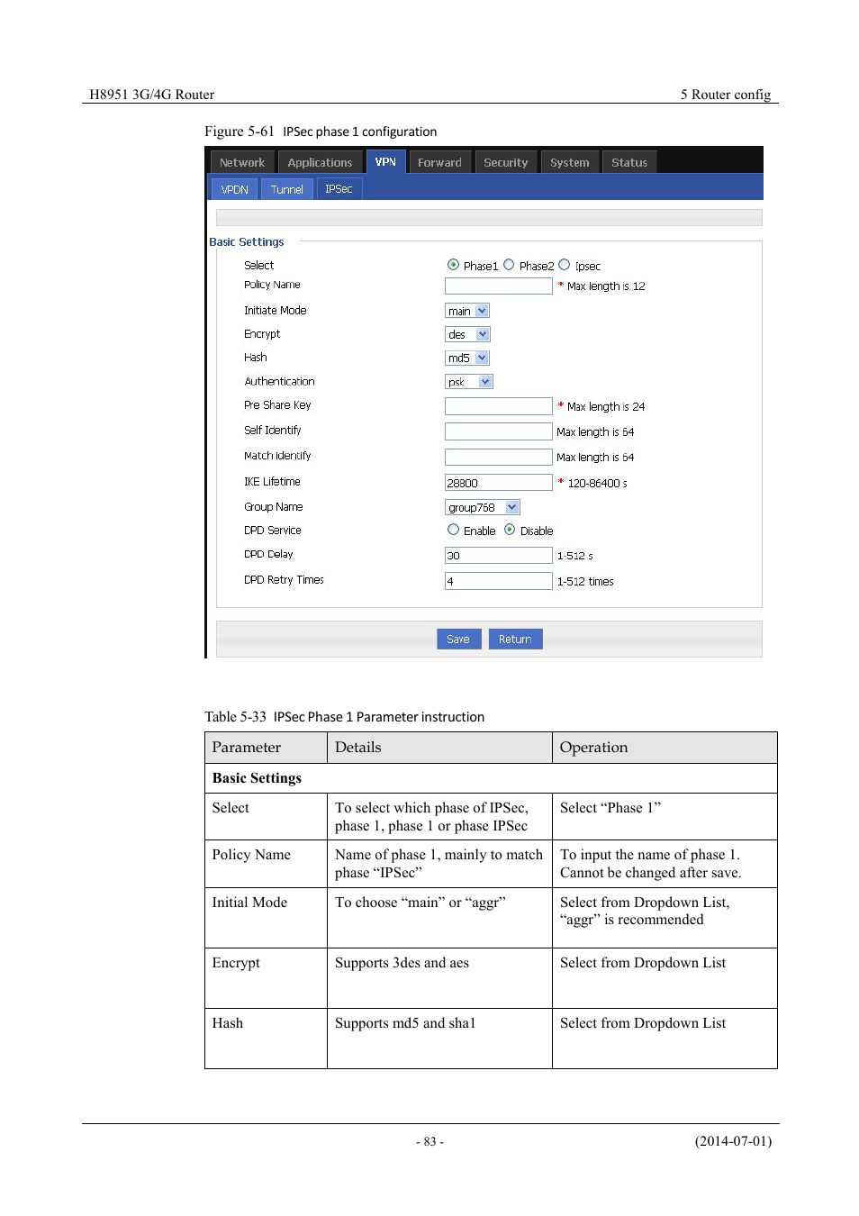 Table 5-32 ipsec phase 1 parameter instruction, Figure 5-62 ipsec phase 1 configuration | Hongdian H8951 3G/4G Wi-Fi router User Manual | Page 99 / 139