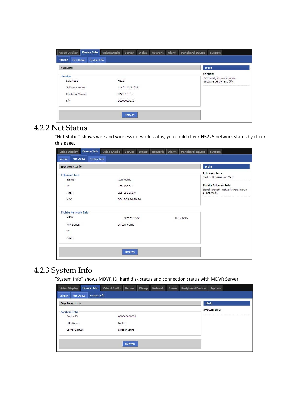 2 net status, 3 system info | Hongdian H3324 4CH HDD MDVR User Manual | Page 43 / 60
