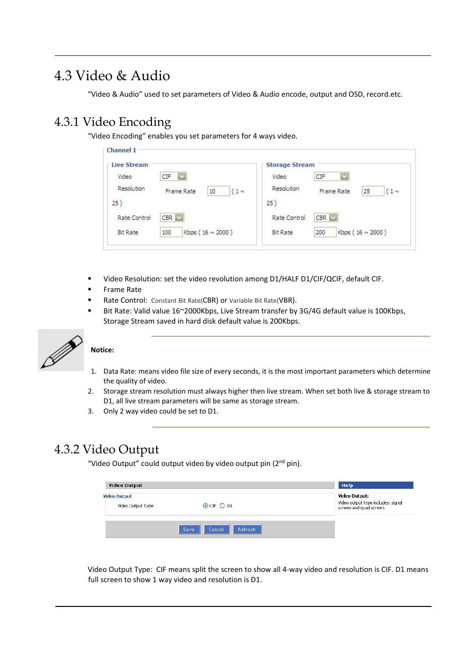 3 video & audio, 1 video encoding, 2 video output | Hongdian H3324 4CH HDD MDVR User Manual | Page 44 / 60