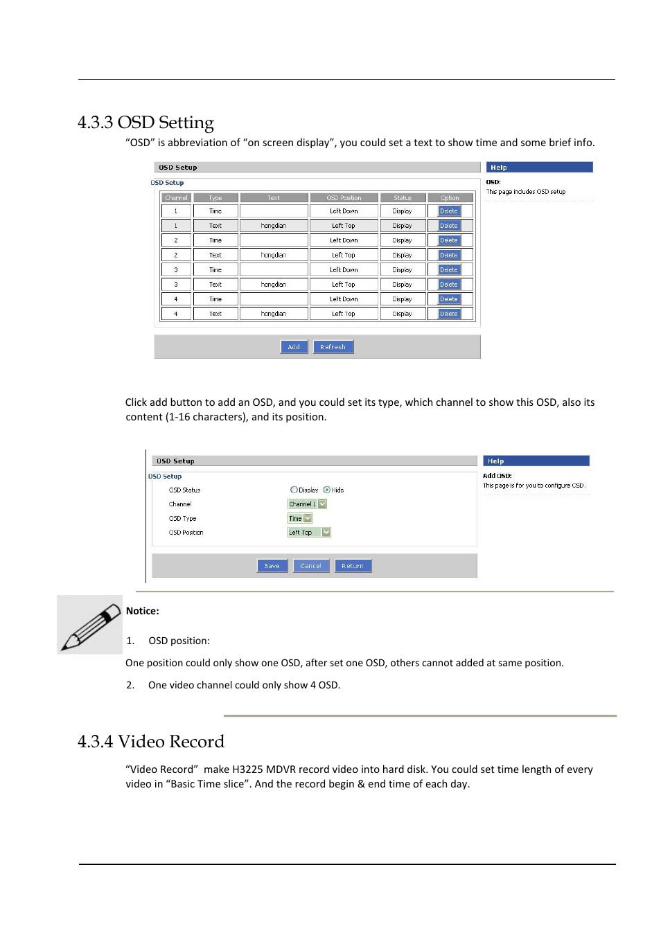 3 osd setting, 4 video record | Hongdian H3324 4CH HDD MDVR User Manual | Page 45 / 60