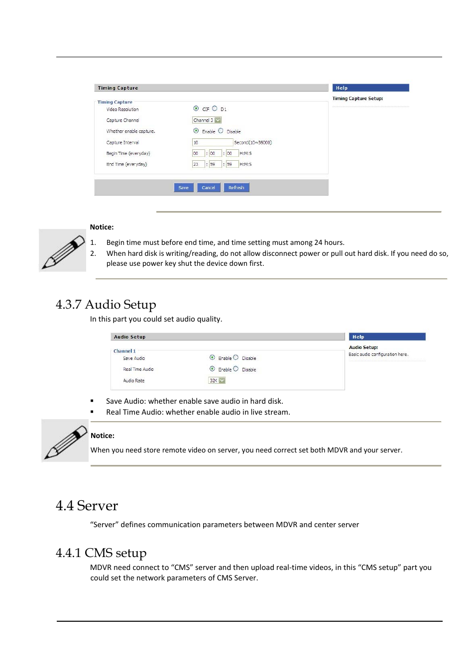 4 server, 7 audio setup, 1 cms setup | Hongdian H3324 4CH HDD MDVR User Manual | Page 47 / 60