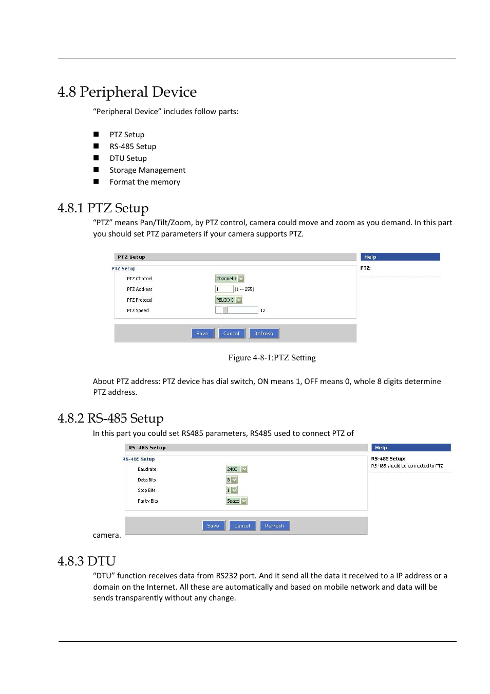 8 peripheral device, 1 ptz setup, 2 rs-485 setup | 3 dtu | Hongdian H3324 4CH HDD MDVR User Manual | Page 55 / 60