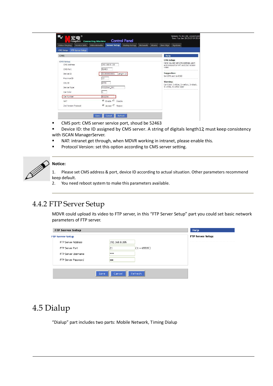 5 dialup, 2 ftp server setup | Hongdian H3304 4CH Dual SD MDVR User Manual | Page 50 / 68