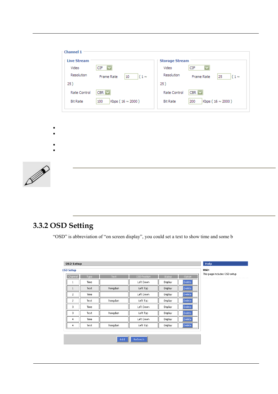 2 osd setting, Figure 3-5 video encoding setting, Figure 3-6 osd setting | Hongdian H3201 1CH SD DVS User Manual | Page 33 / 54