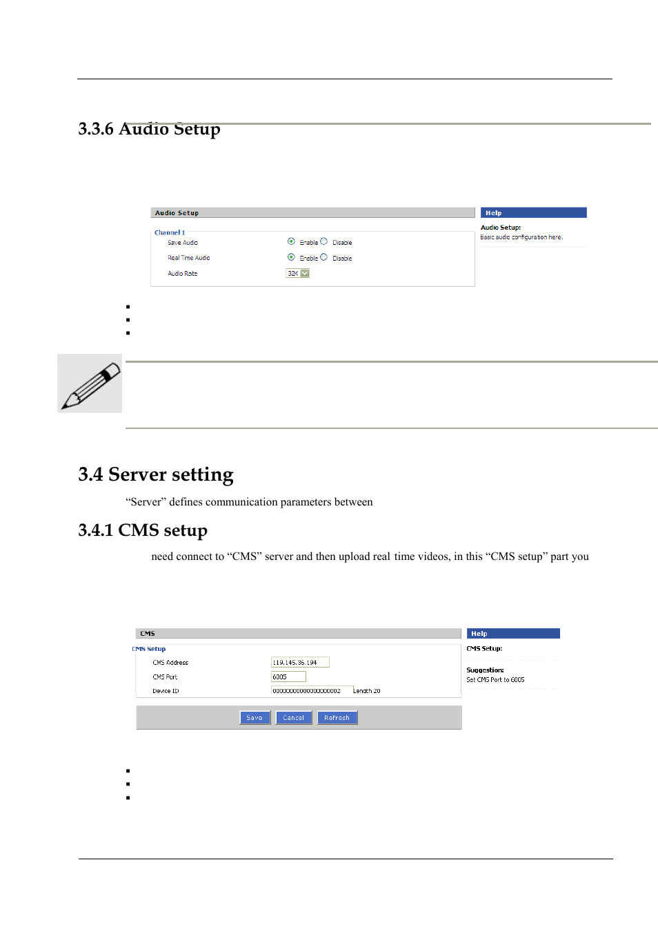 6 audio setup, 4 server setting, 1 cms setup | Figure 3-12 cms server setting | Hongdian H3201 1CH SD DVS User Manual | Page 36 / 54