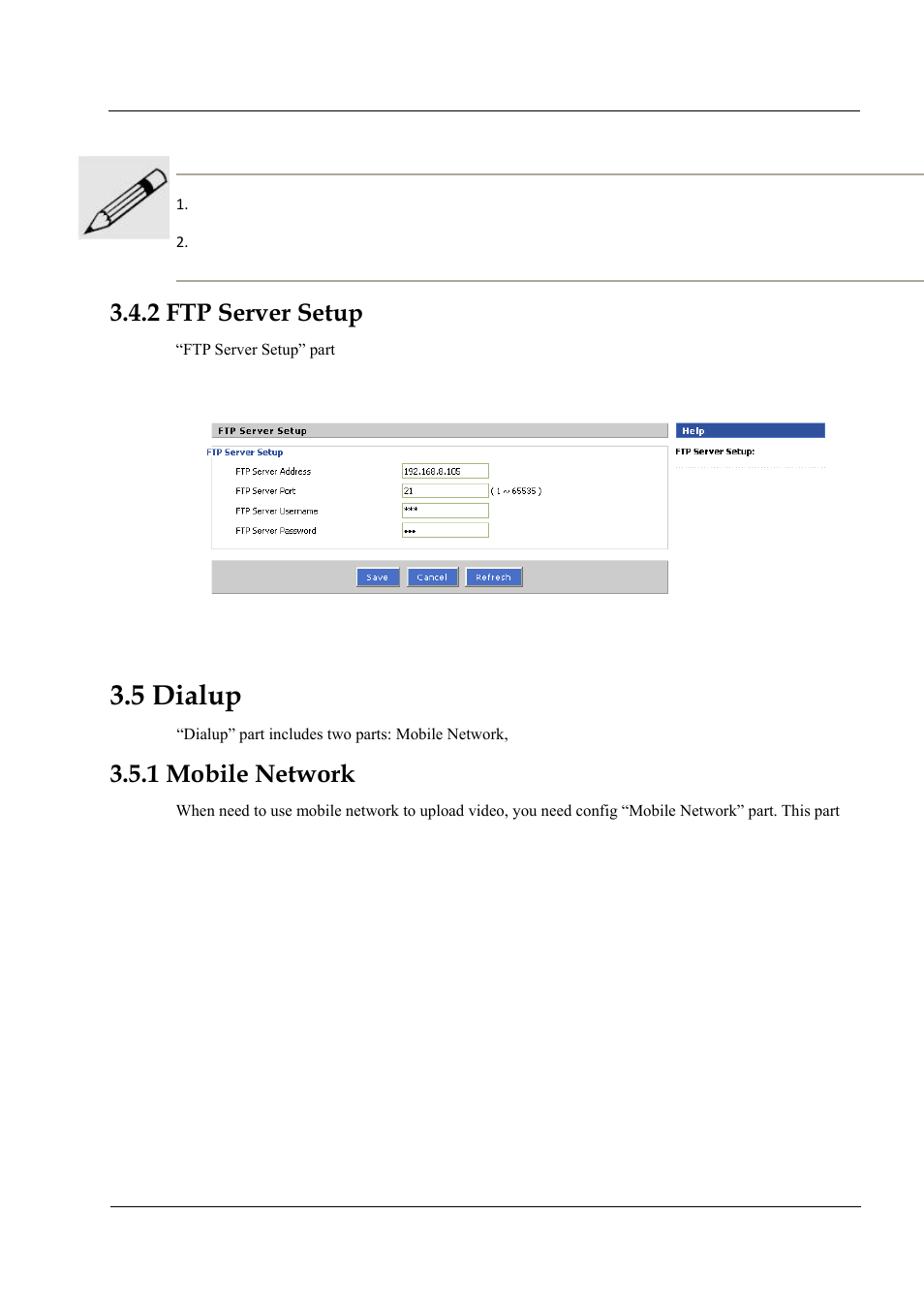 2 ftp server setup, 5 dialup, 1 mobile network | Figure 3-13 ftp server setting | Hongdian H3201 1CH SD DVS User Manual | Page 37 / 54