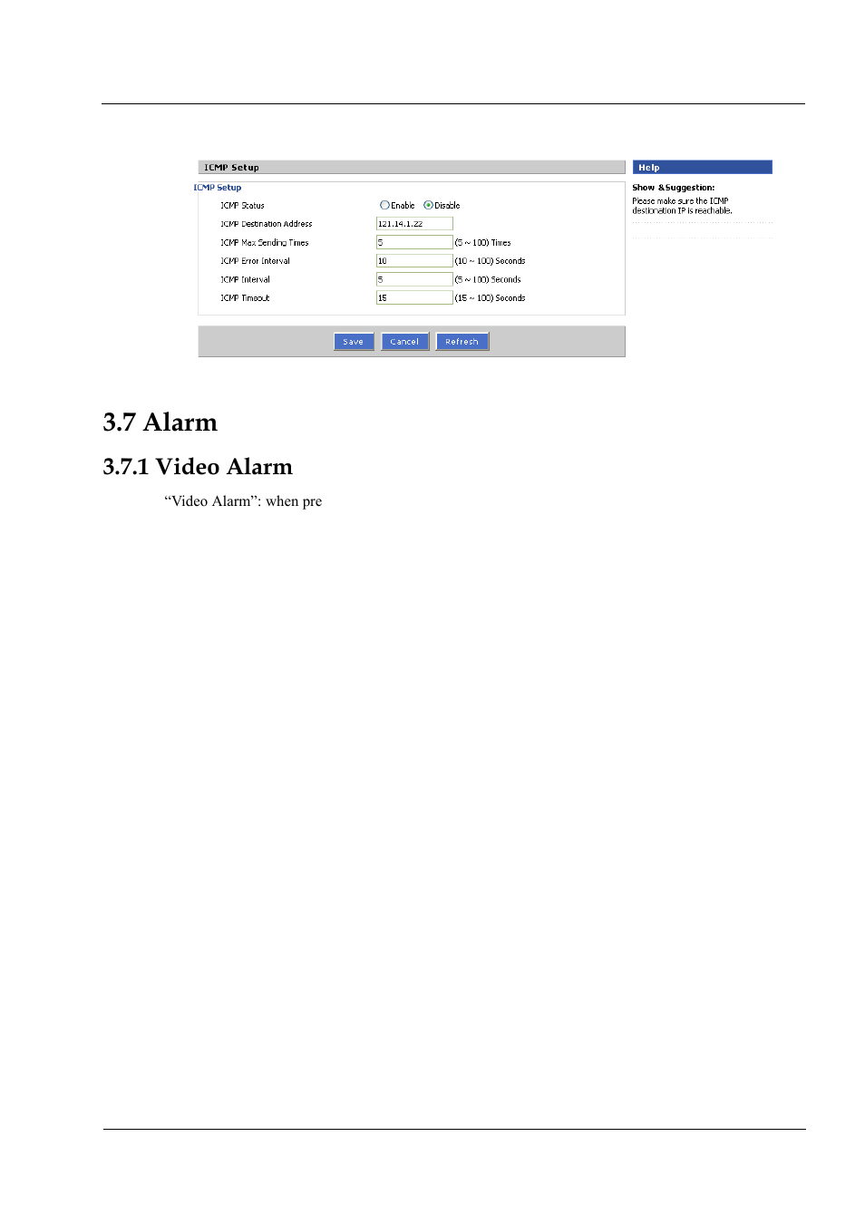 7 alarm, 1 video alarm, Figure 3-20 icmp setting | Hongdian H3201 1CH SD DVS User Manual | Page 42 / 54