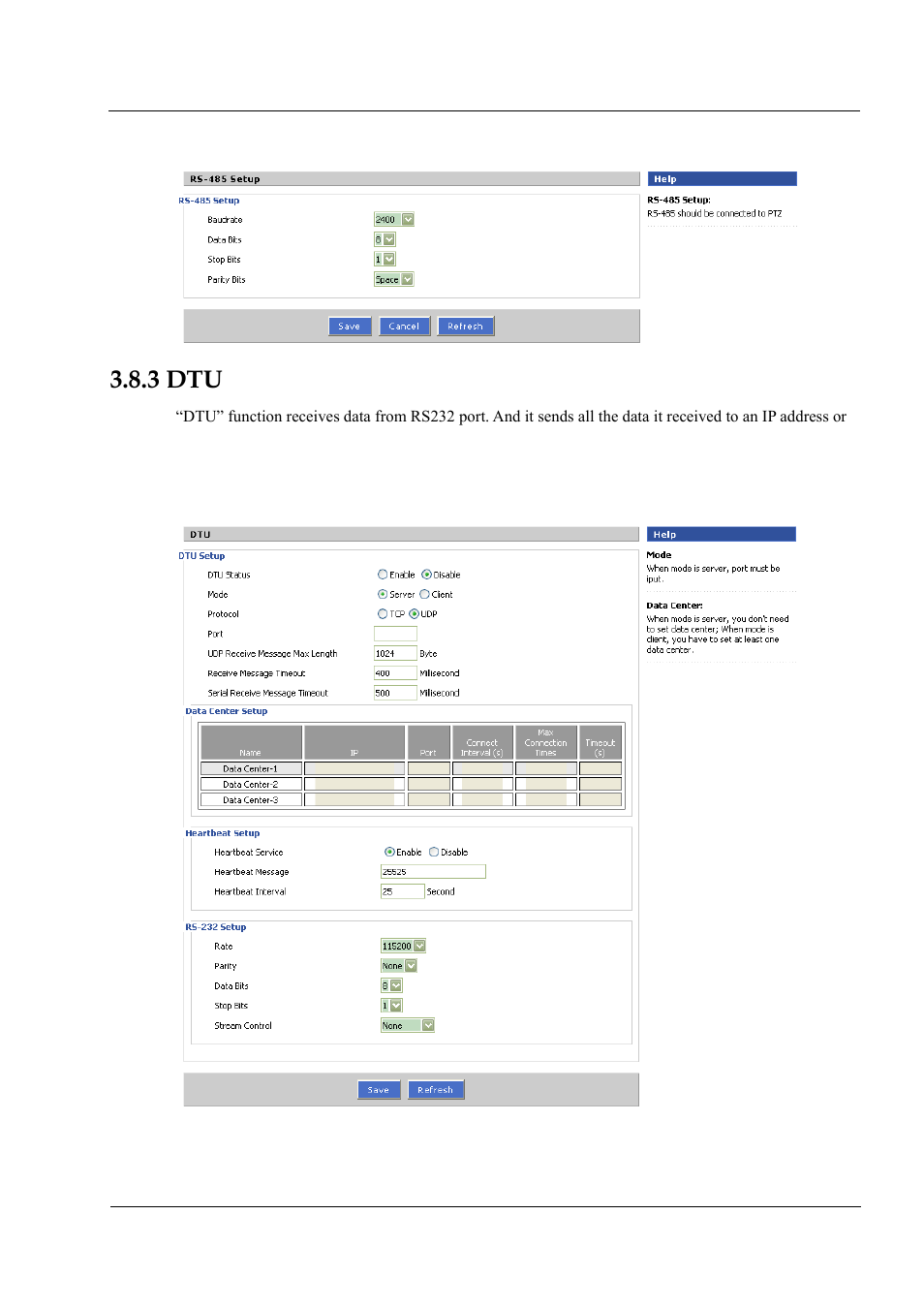 3 dtu, Figure 3-24 rs-485 setting, Figure 3-25 dtu setting | Hongdian H3201 1CH SD DVS User Manual | Page 46 / 54