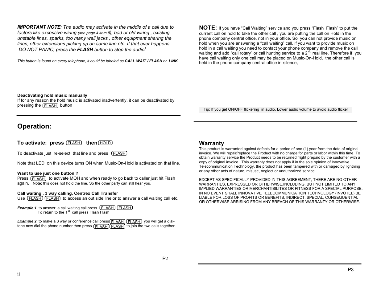 Operation, Warranty | Invotel SX1025 User Manual | Page 2 / 2