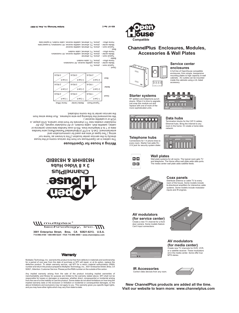 Channelplus, Warranty, Starter systems | Data hubs, Telephone hubs, Coax panels, Av modulators (for service center), Service center enclosures, Av modulators (for media center), Program select wall plates | Channel Plus H838HHR User Manual | Page 2 / 2