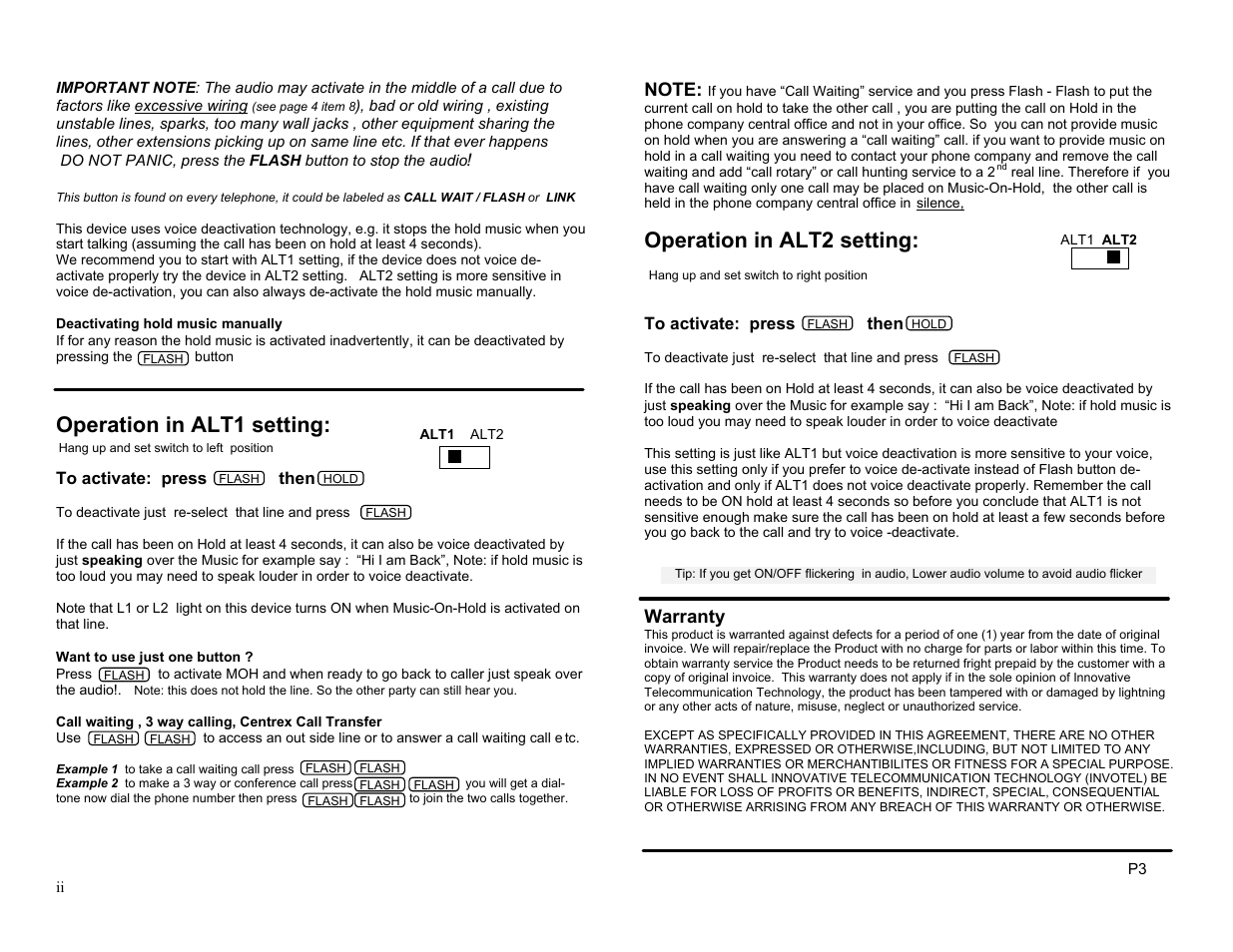 Operation in alt1 setting, Operation in alt2 setting, Warranty | Invotel SX1025 User Manual | Page 2 / 2