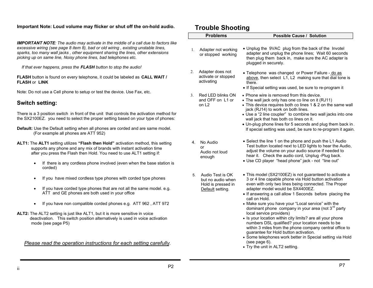 Trouble shooting, Switch setting | Invotel SX2100EZ User Manual | Page 2 / 4