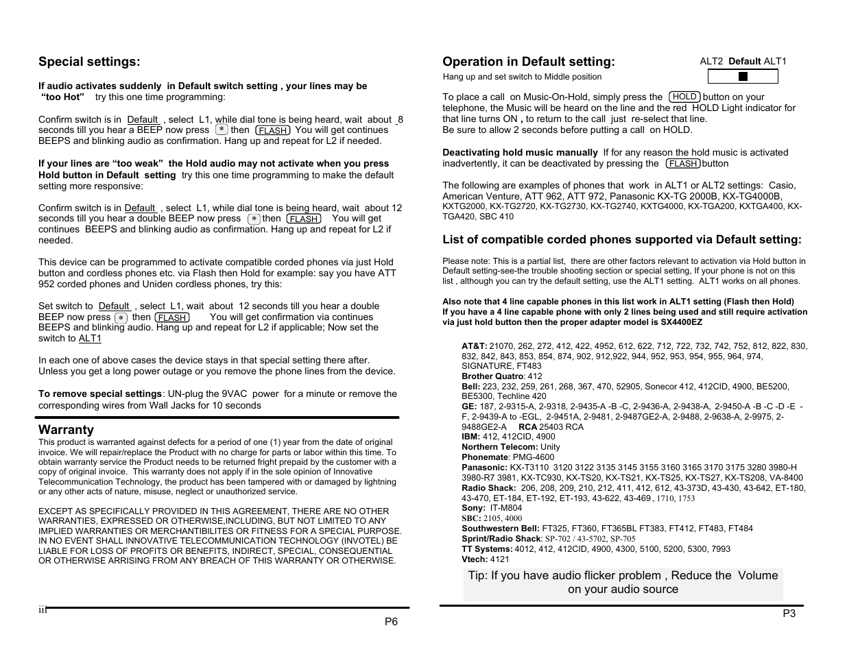 Special settings, Warranty, Operation in default setting | Invotel SX2100EZ User Manual | Page 3 / 4