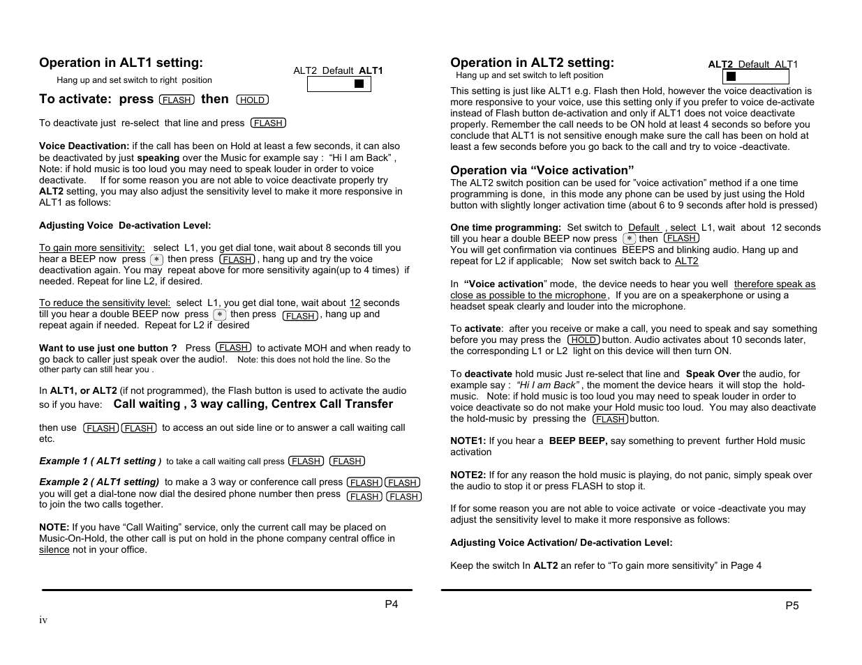 Operation in alt1 setting: to activate: press then, Operation in alt2 setting | Invotel SX2100EZ User Manual | Page 4 / 4