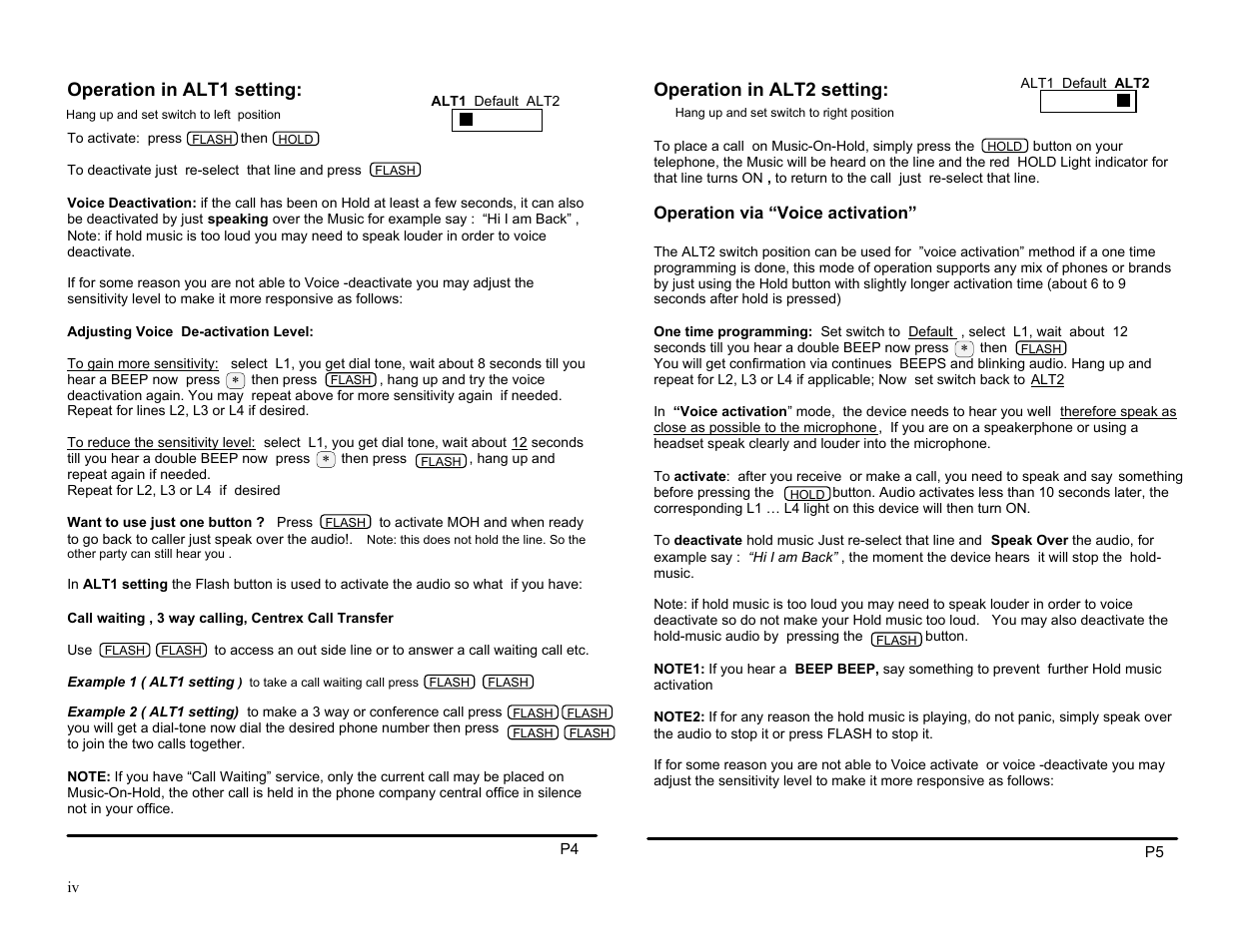 Operation in alt1 setting, Operation in alt2 setting | Invotel SX4400EZ User Manual | Page 4 / 4