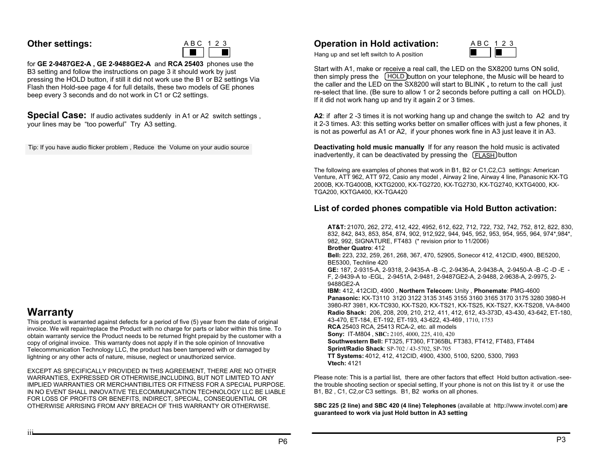 Warranty, Other settings, Special case | Operation in hold activation | Invotel SX8200 User Manual | Page 3 / 4