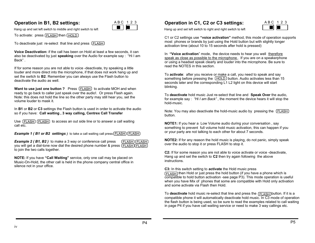 Operation in b1, b2 settings, Operation in c1, c2 or c3 settings | Invotel SX8200 User Manual | Page 4 / 4