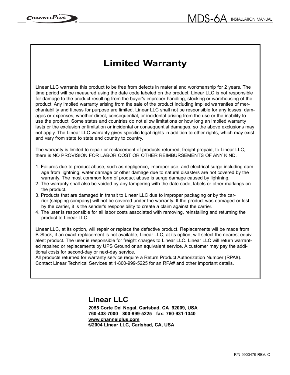 Mds-6a, Limited warranty, Linear llc | Channel Plus MDS-6A User Manual | Page 16 / 16