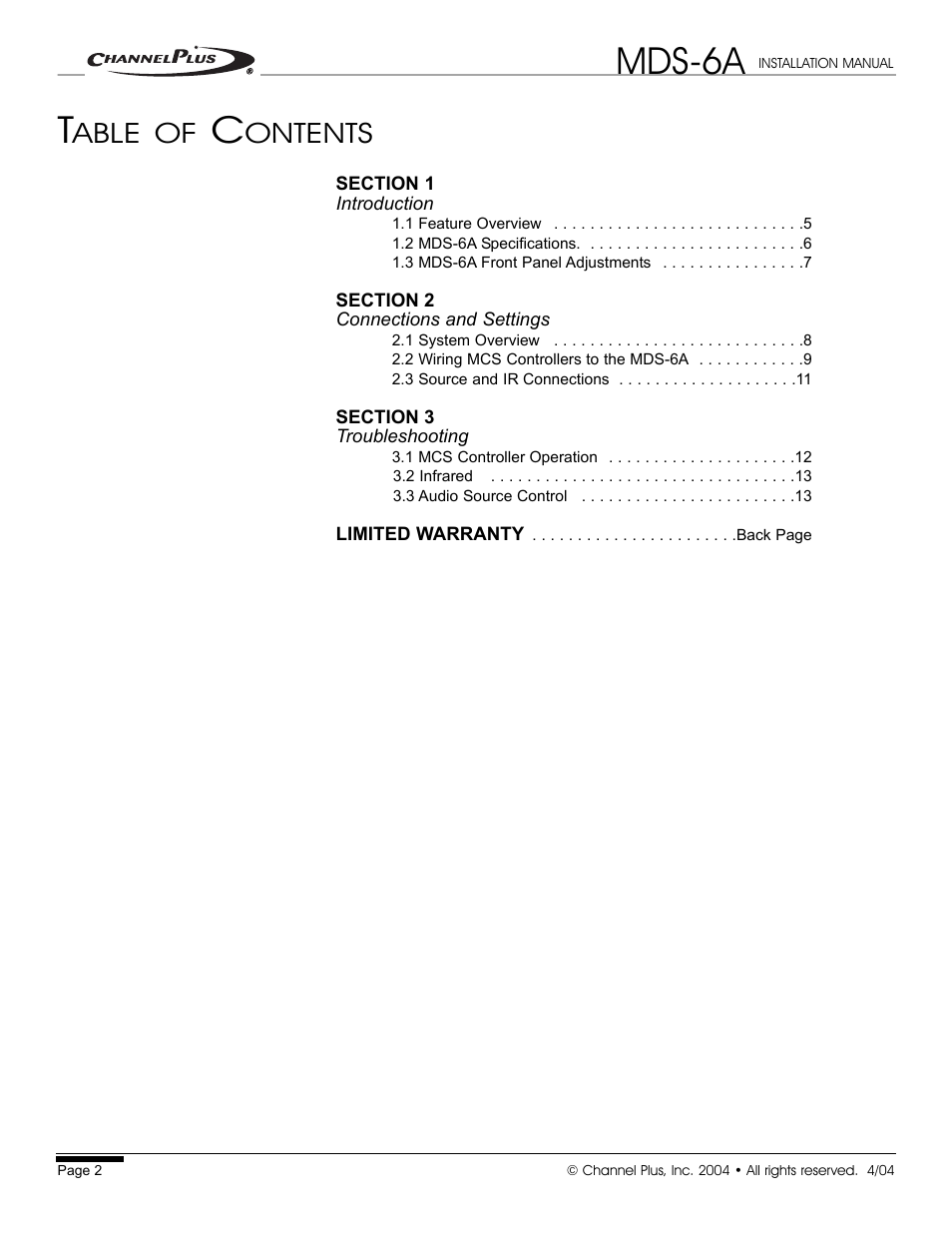 Mds-6a, Able of, Ontents | Channel Plus MDS-6A User Manual | Page 2 / 16