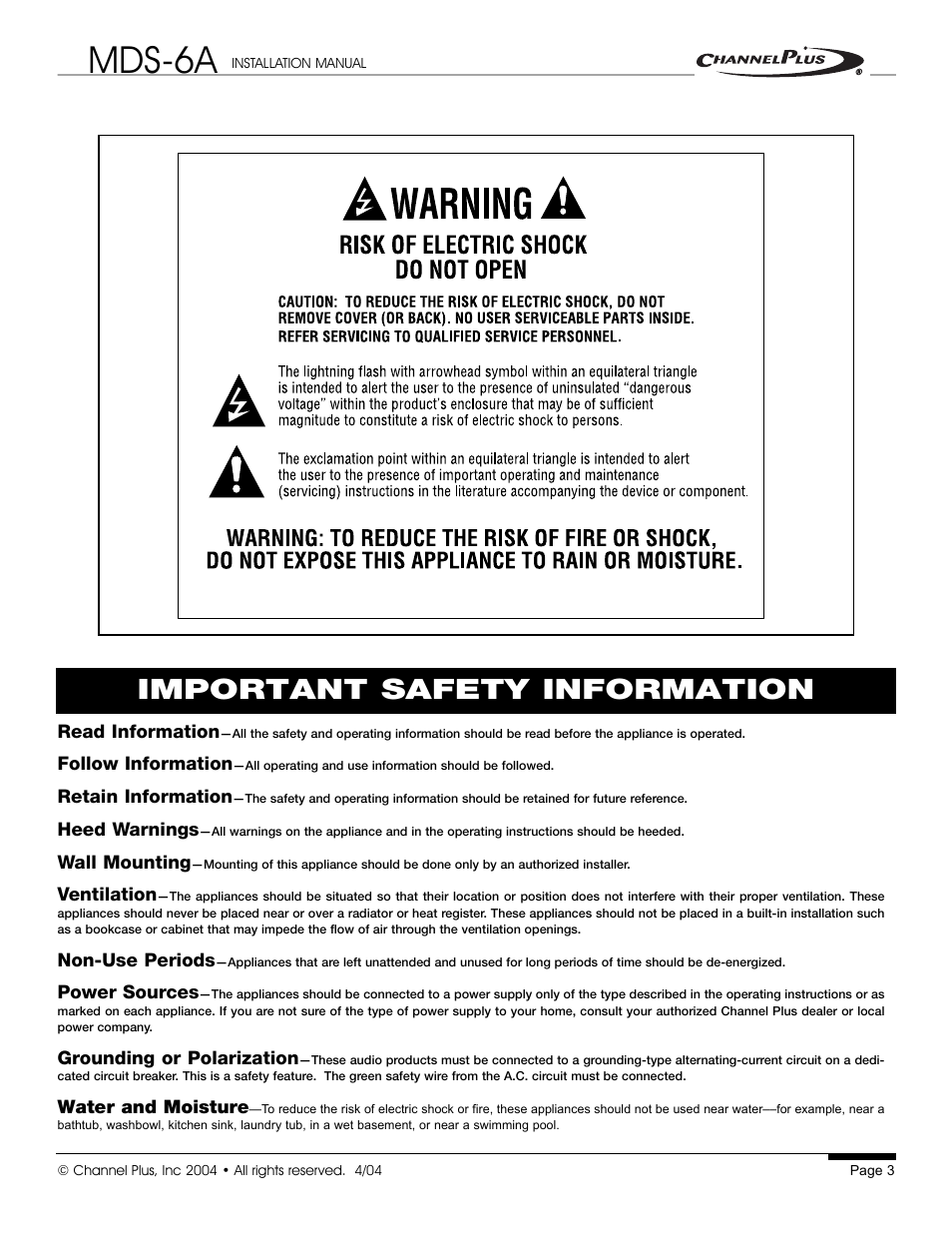Mds-6a, Important safety information | Channel Plus MDS-6A User Manual | Page 3 / 16