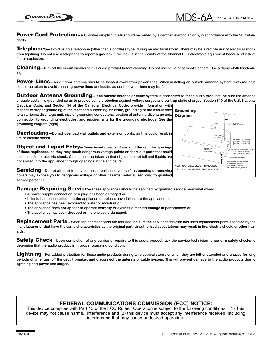 Mds-6a, Federal communications commission (fcc) notice, Power cord protection | Telephones, Cleaning, Power lines, Outdoor antenna grounding, Overloading, Object and liquid entry, Servicing | Channel Plus MDS-6A User Manual | Page 4 / 16
