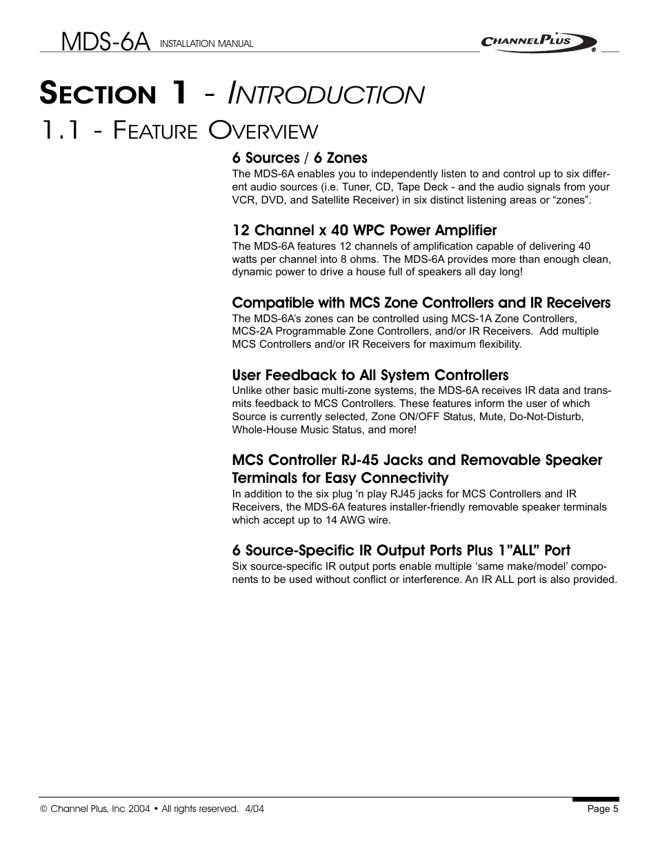 1 - i, Mds-6a, 1 - f | Ection, Ntroduction, Eature, Verview | Channel Plus MDS-6A User Manual | Page 5 / 16
