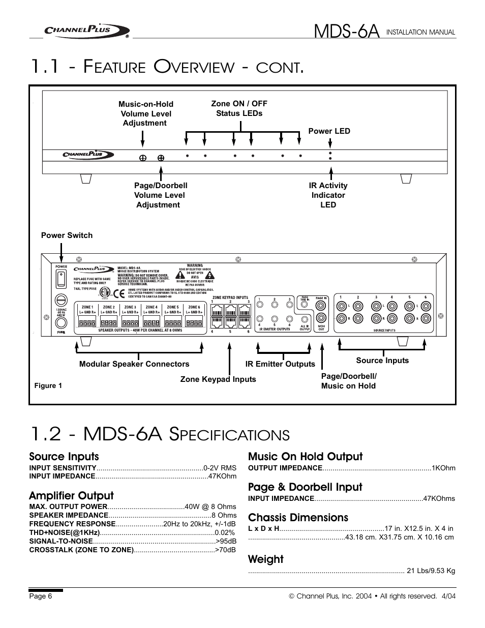 Mds-6a, 1 - f, 2 - mds-6a s | Eature, Verview, Cont, Pecifications | Channel Plus MDS-6A User Manual | Page 6 / 16