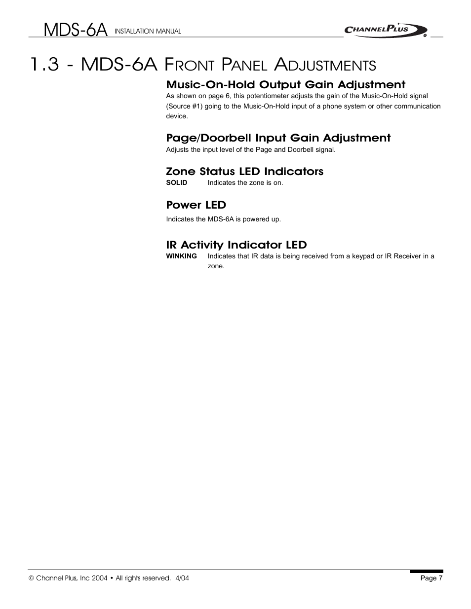 Mds-6a, 3 - mds-6a f, Ront | Anel, Djustments | Channel Plus MDS-6A User Manual | Page 7 / 16