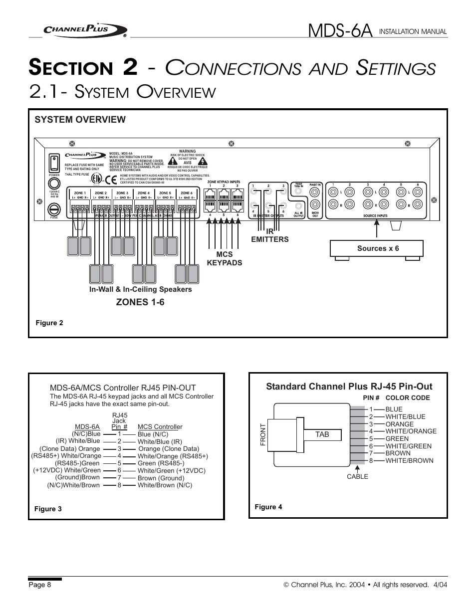 Mds-6a, Ection, Onnections and | Ettings, Ystem, Verview, Zones 1-6 system overview, Standard channel plus rj-45 pin-out | Channel Plus MDS-6A User Manual | Page 8 / 16