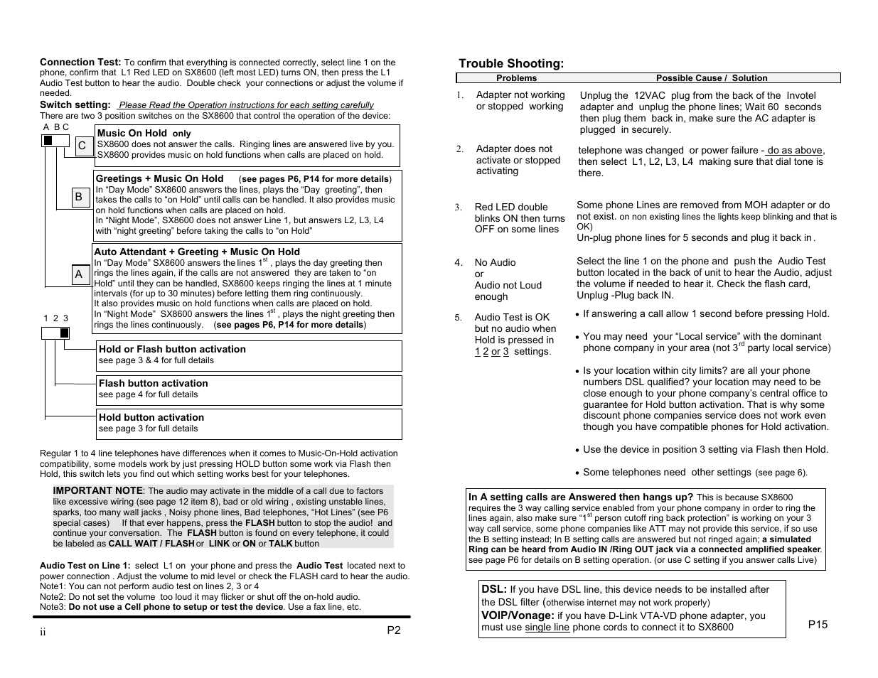 Trouble shooting | Invotel SX8600 User Manual | Page 2 / 8