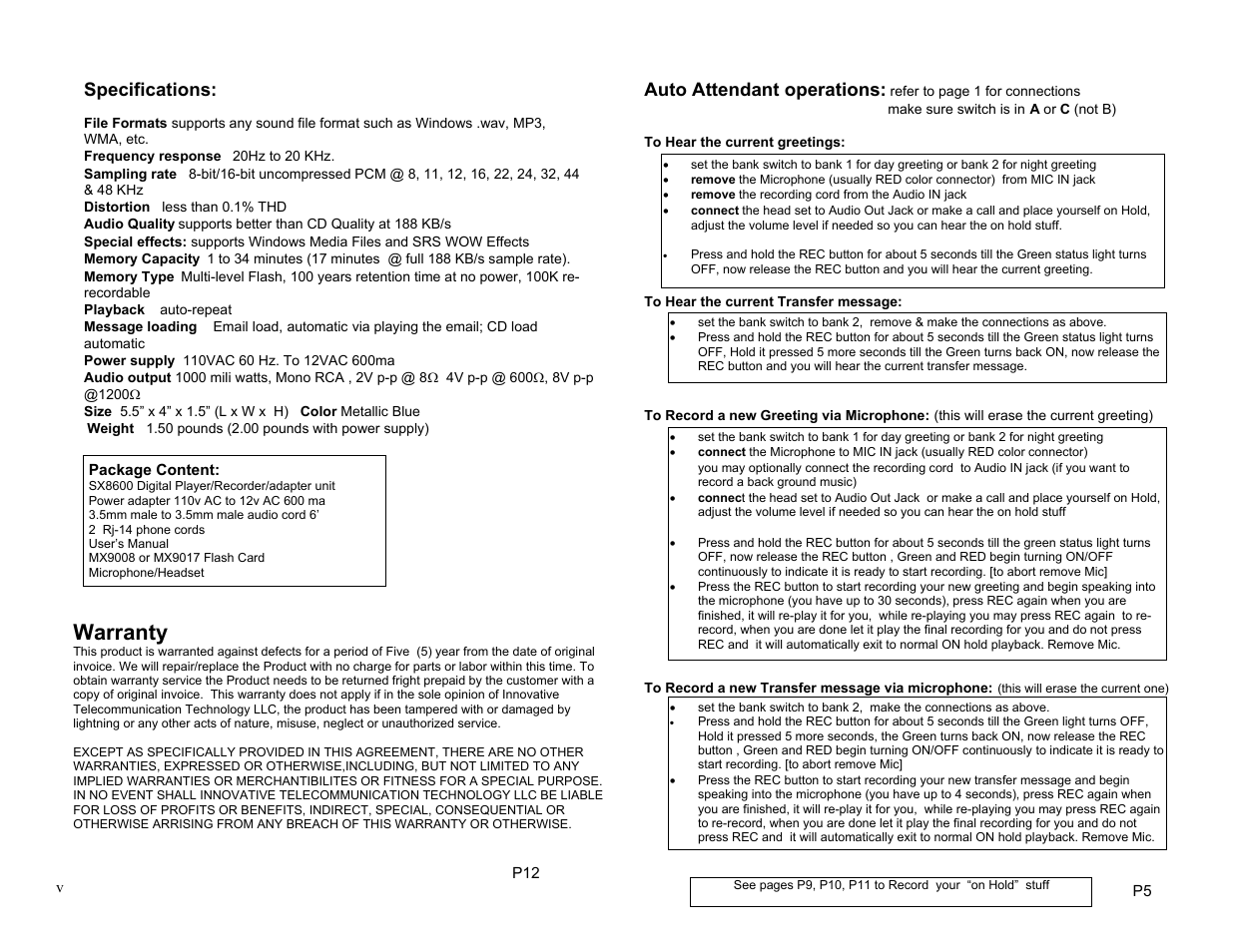 Warranty, Specifications, Auto attendant operations | Invotel SX8600 User Manual | Page 5 / 8