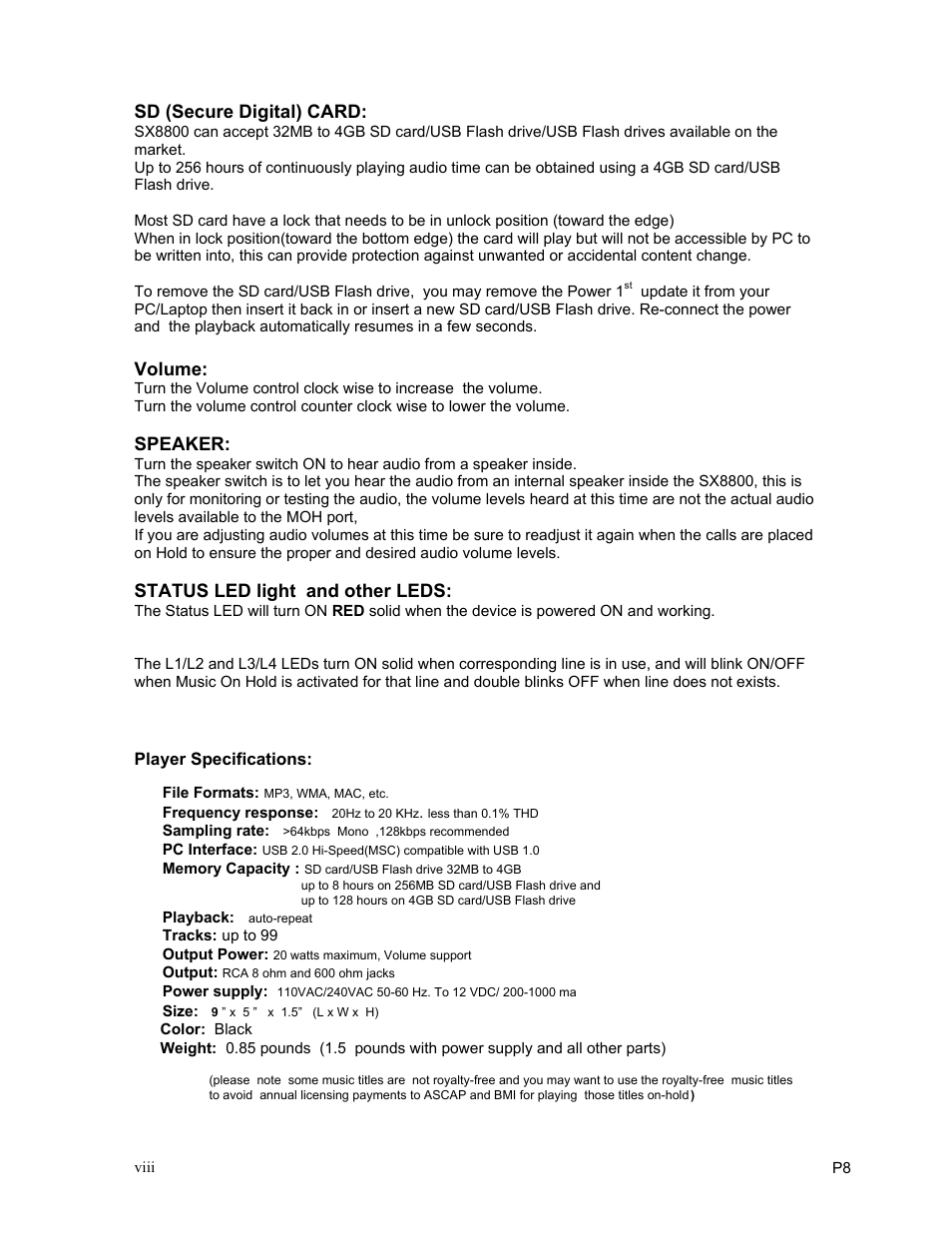 Sd (secure digital) card, Volume, Speaker | Status led light and other leds | Invotel SX8800 User Manual | Page 8 / 11