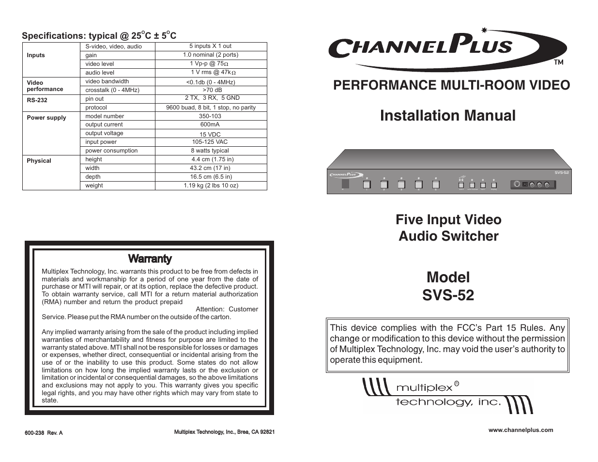 Channel Plus MULTIROOM VIDEO SVS-52 User Manual | 2 pages