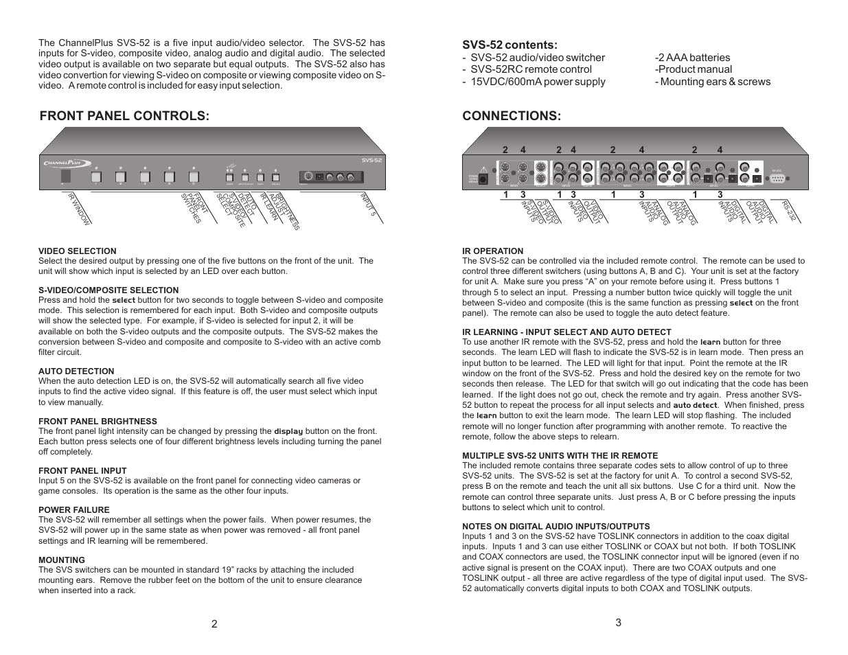 Front panel controls, Connections, Svs-52 contents | Channel Plus MULTIROOM VIDEO SVS-52 User Manual | Page 2 / 2