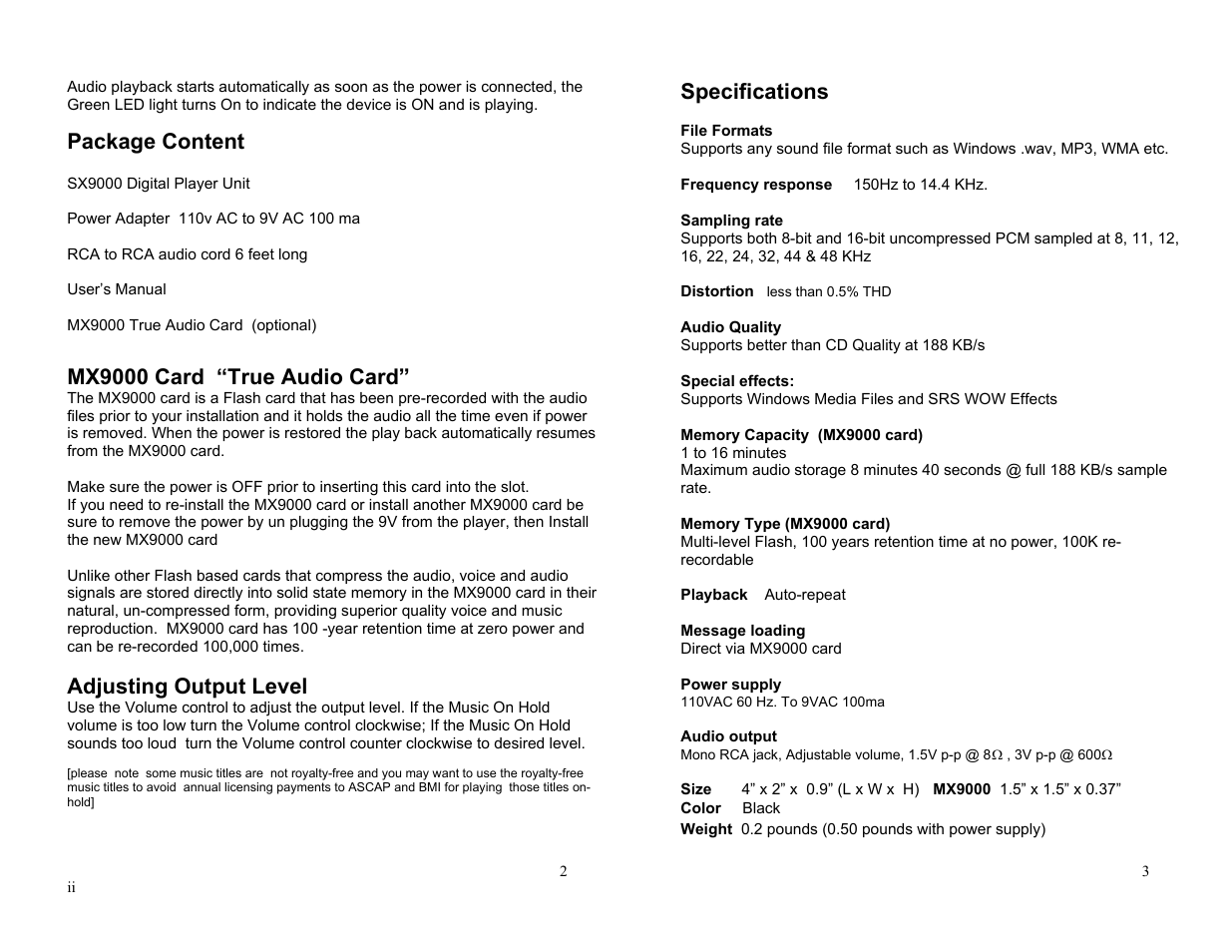 Package content, Mx9000 card “true audio card, Adjusting output level | Specifications | Invotel SX9000 User Manual | Page 2 / 2