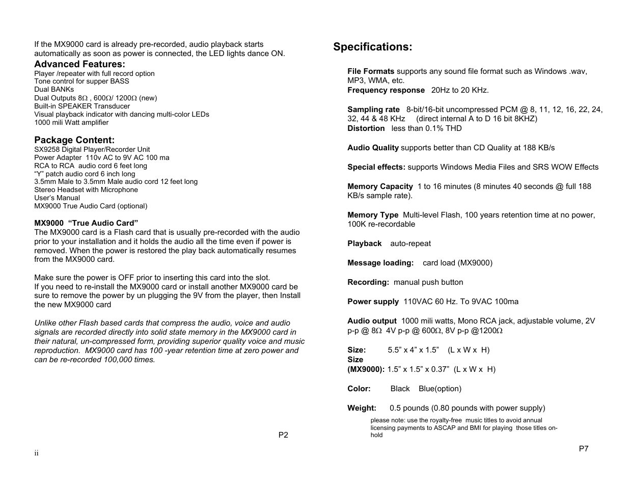 Specifications | Invotel SX9258 User Manual | Page 2 / 4