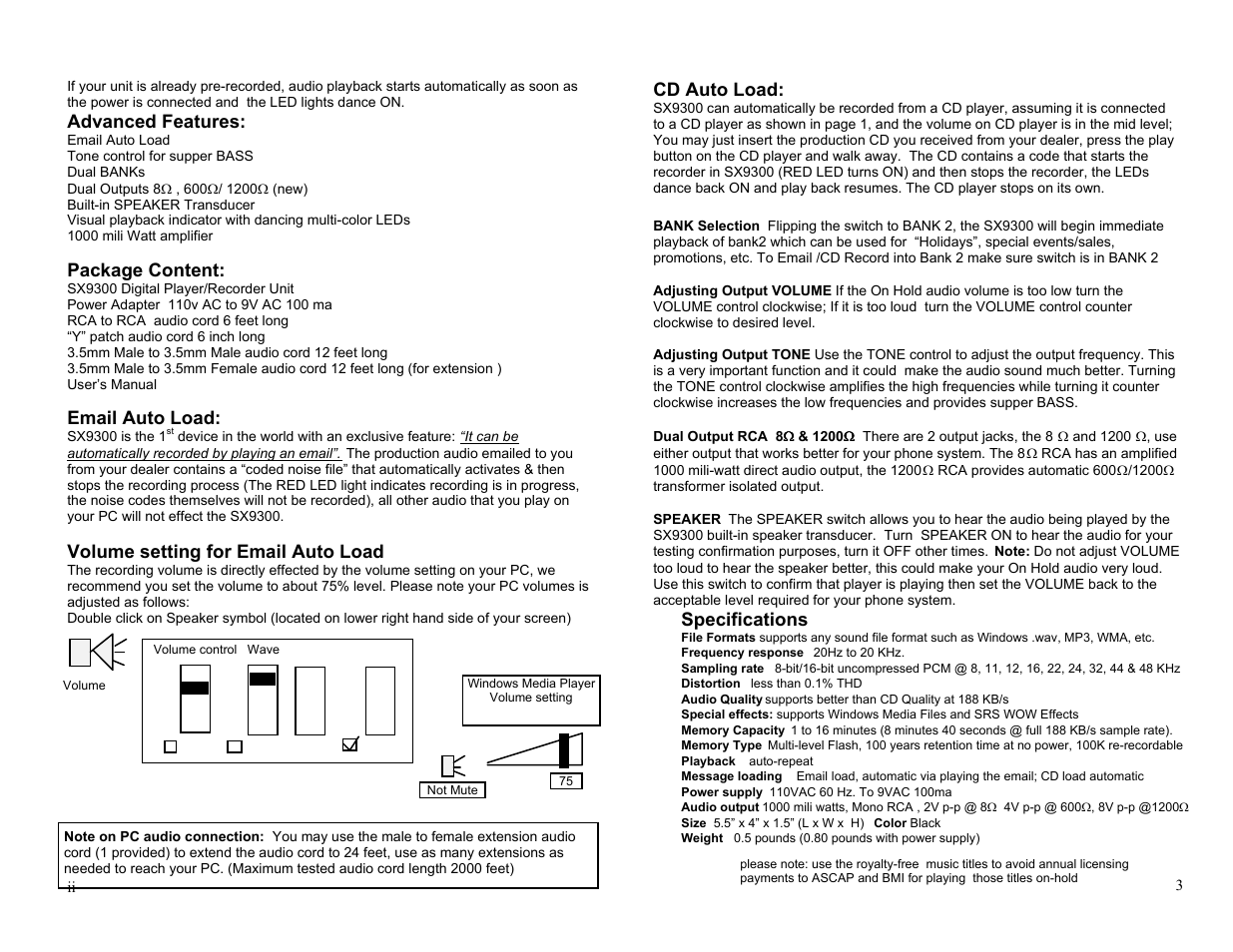 Advanced features, Package content, Email auto load | Volume setting for email auto load, Cd auto load, Specifications | Invotel SX9300 User Manual | Page 2 / 2
