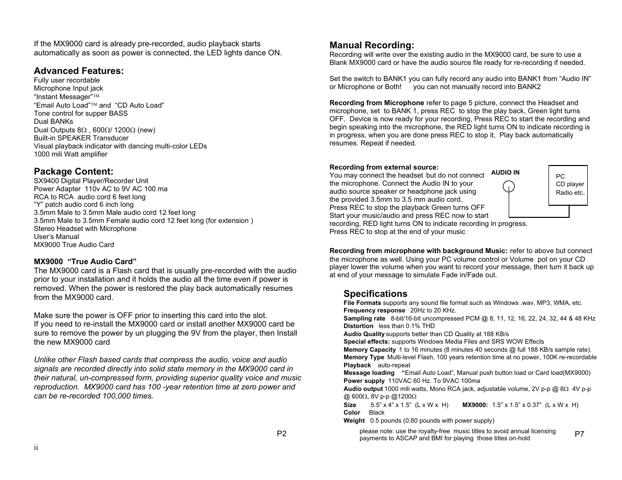 Advanced features, Package content, Manual recording | Specifications | Invotel SX9400 User Manual | Page 2 / 4