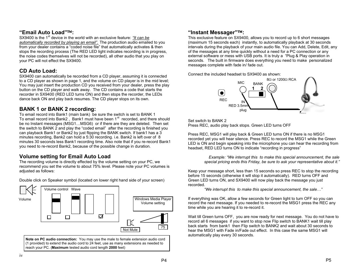 Email auto load, Cd auto load, Bank 1 or bank 2 recording | Volume setting for email auto load, Instant messager | Invotel SX9400 User Manual | Page 4 / 4