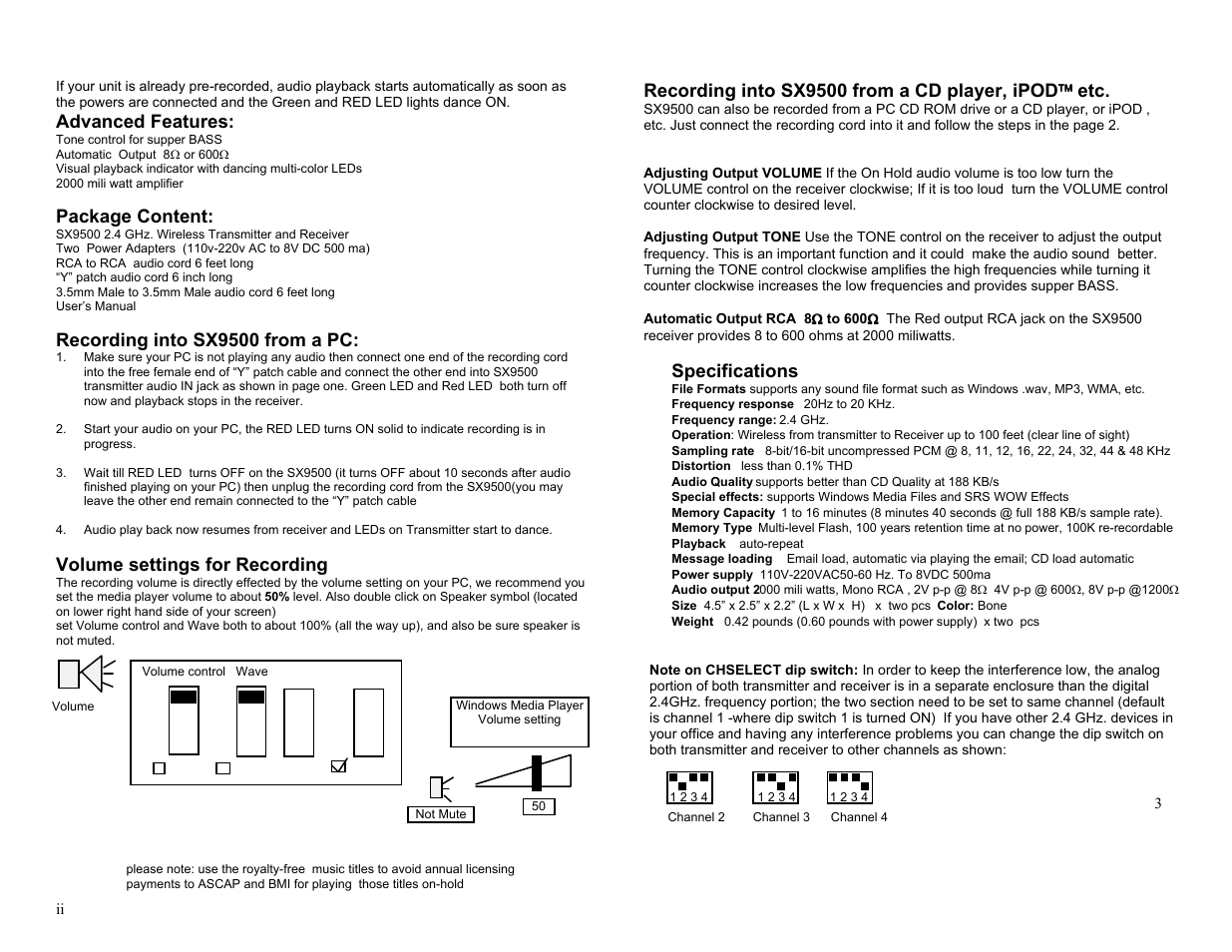 Advanced features, Package content, Recording into sx9500 from a pc | Volume settings for recording, Specifications | Invotel SX9500 User Manual | Page 2 / 2