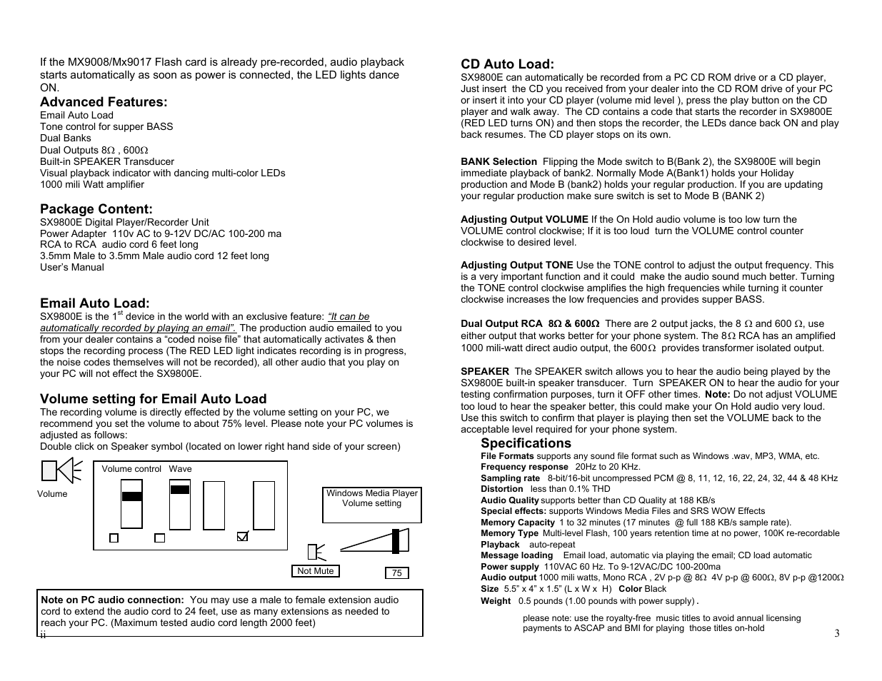 Advanced features, Package content, Email auto load | Volume setting for email auto load, Cd auto load, Specifications | Invotel SX9800 User Manual | Page 2 / 2