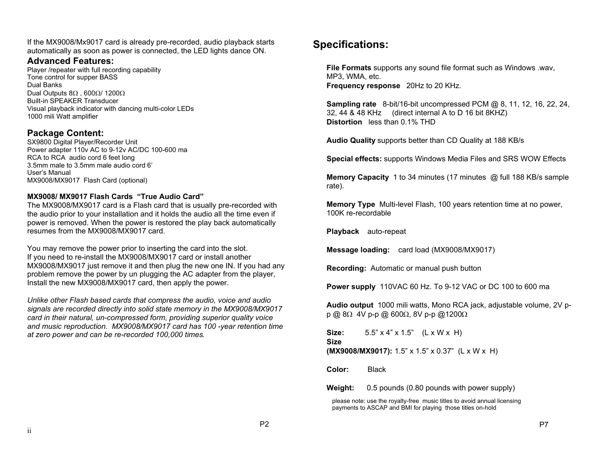 Specifications | Invotel SX9800 User Manual | Page 2 / 4